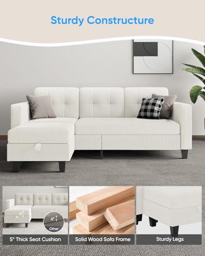 76 Inch L Shaped Corduroy Convertible Sectional Sofa with Reversible Storage Ottoman G365739