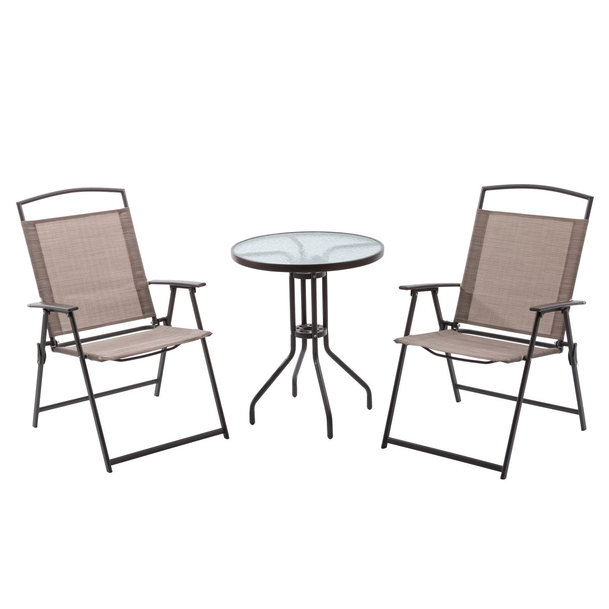 Metal Patio Bistro Table and Folding Chairs Set of 3 Brown P487