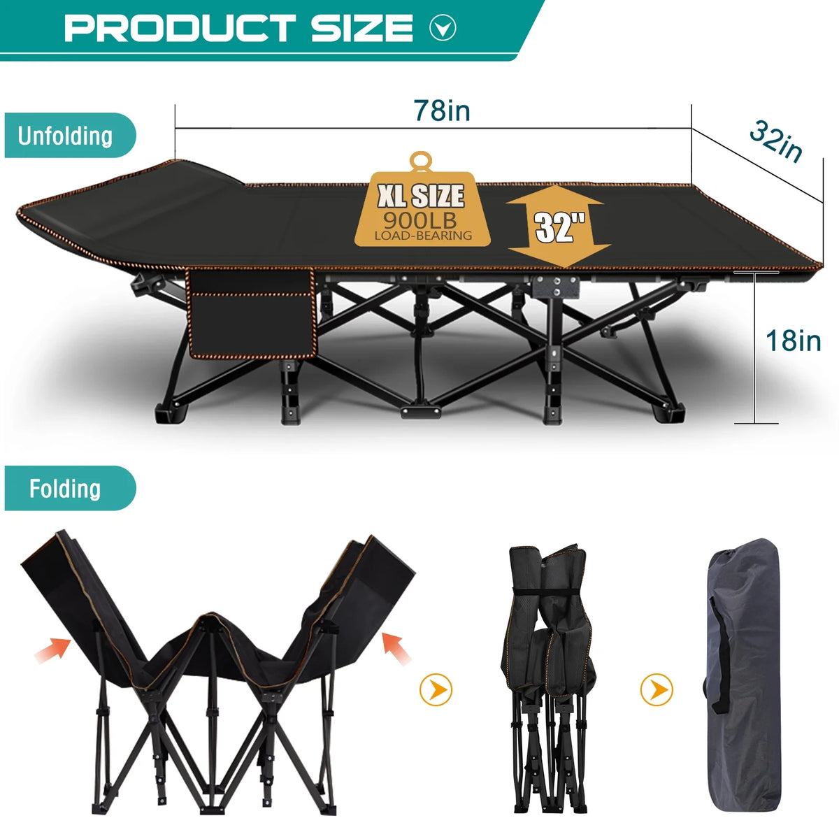 78" Oversized Folding Cot with Mattress and Carry Bag Q6508