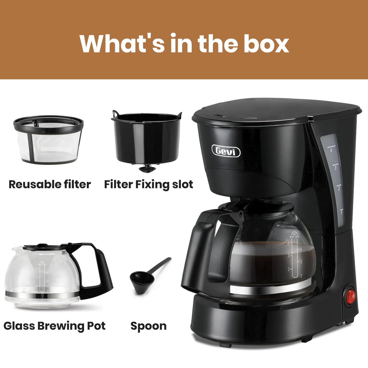 4 Cup Black Drip Coffee Maker with Reusable Filter V208