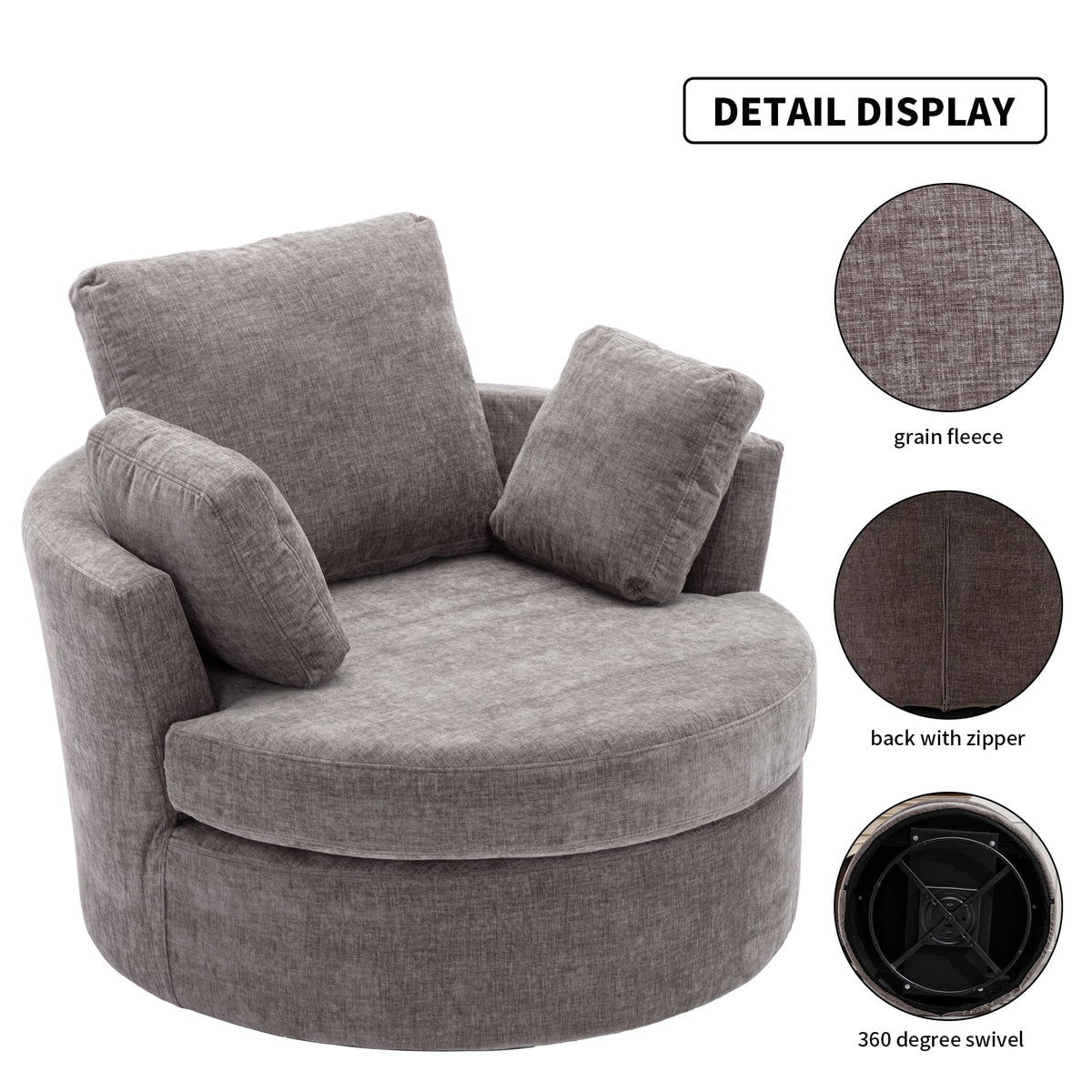 Oversized Round Swivel Accent Chair with 3 Pillows C471