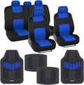 Two-Tone PolyPro Car Seat Covers Full Set with Rubber Car Floor Mats, Black & Blue H194
