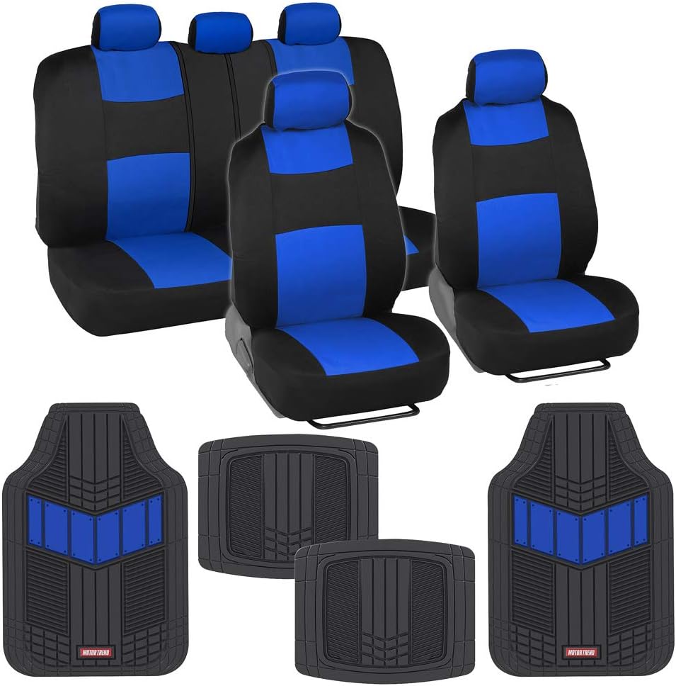Two-Tone PolyPro Car Seat Covers Full Set with Rubber Car Floor Mats, Black & Blue H194