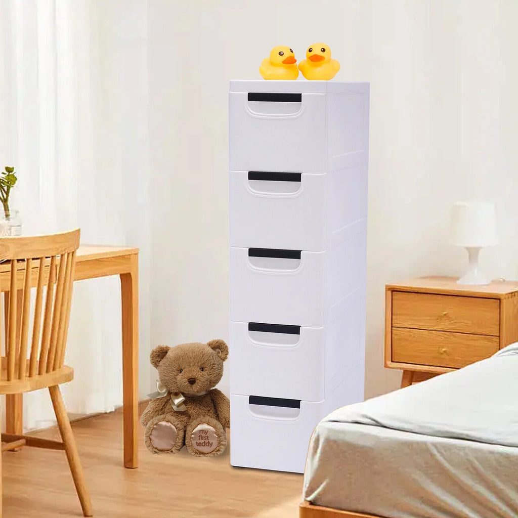 White Narrow Plastic 5 Drawers Dresser with Wheels Z393