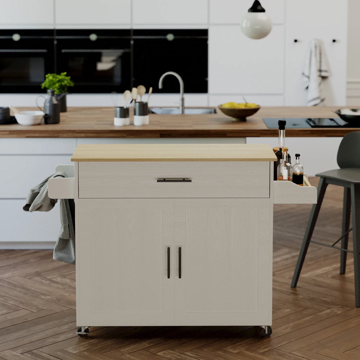 White Rolling Kitchen Island with Storage Cabinet W48928