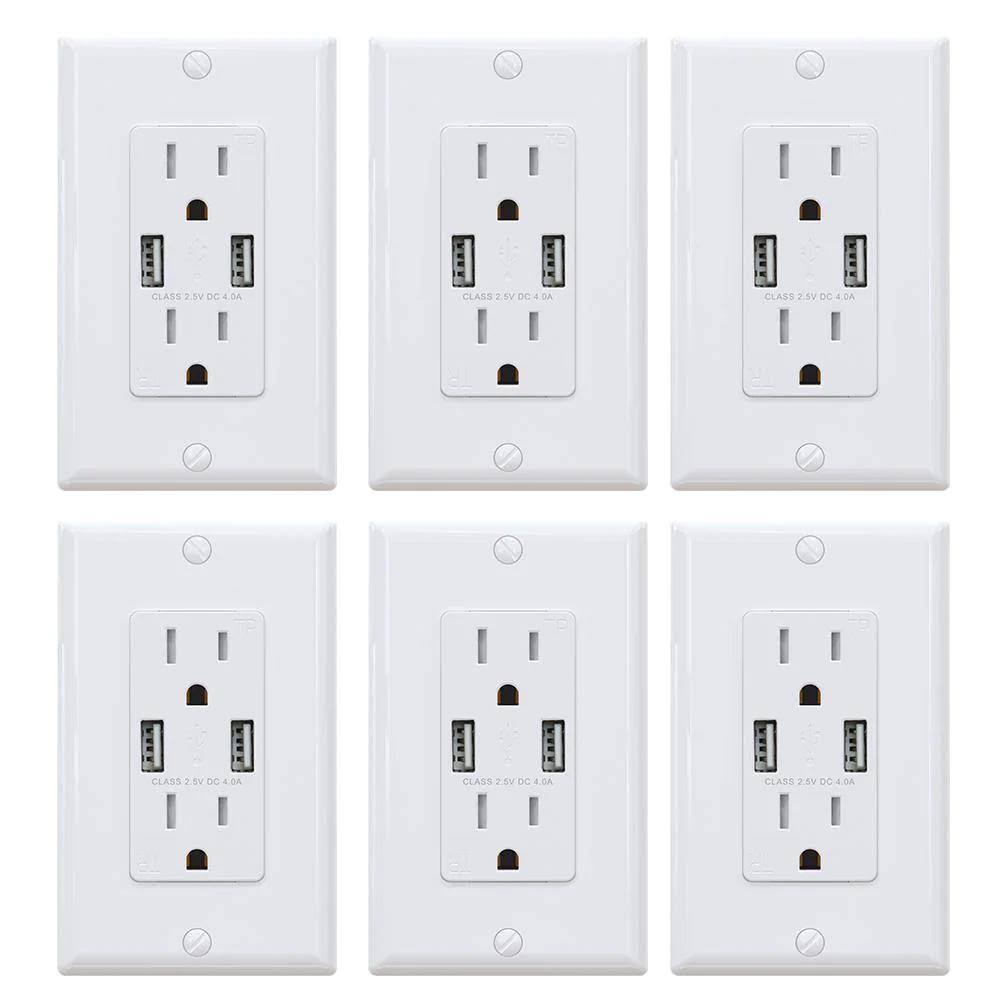 4.0 Amp Dual USB Ports 15 Amp Duplex Tamper Resistant Outlet White 6-Pack X954887