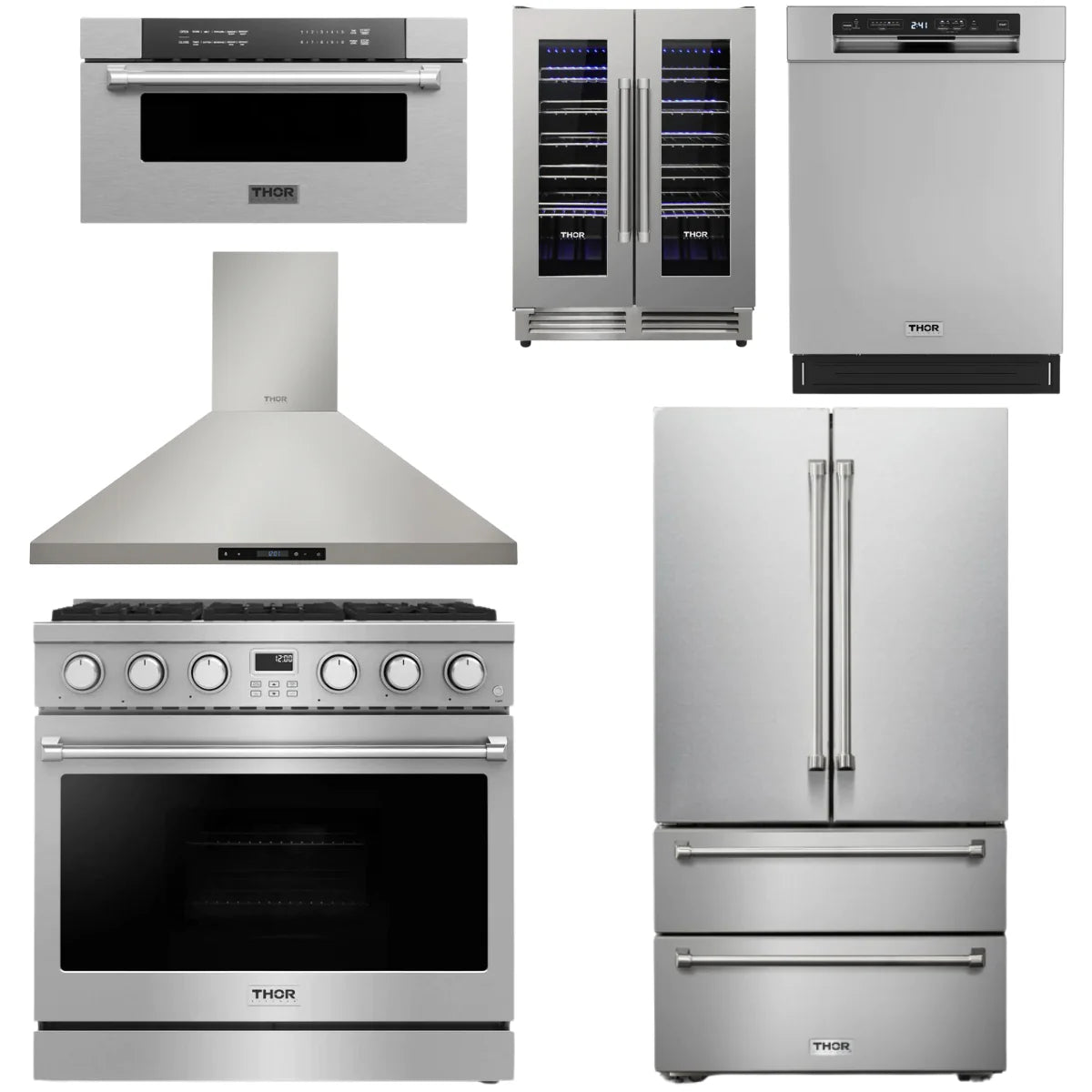 36 Gas Range, Range Hood, Refrigerator, Dishwasher, Microwave and Wine Cooler V587