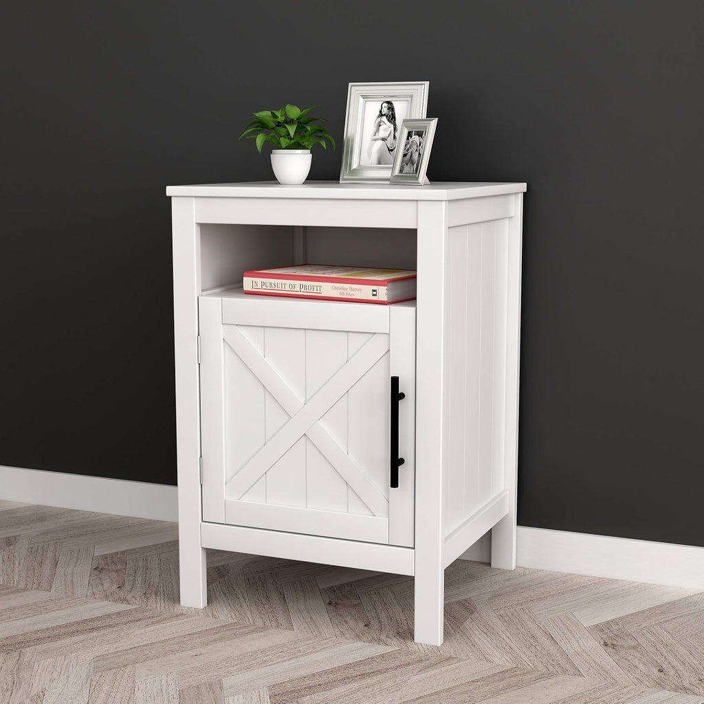 White Nightstand End Table with Door Cabinet and Open Shelf D6427