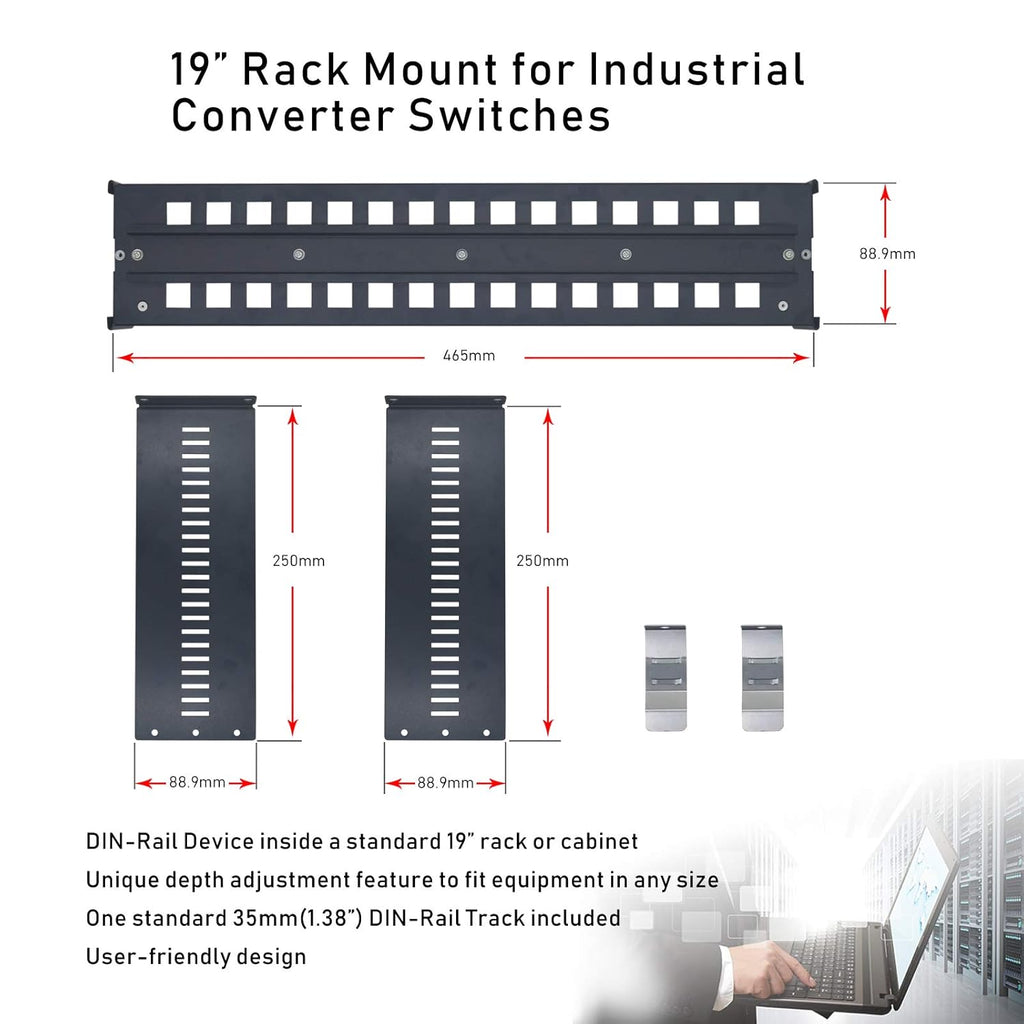 19 Inches Adjustable DIN-Rail Rack Mount Bracket 2U Black J810