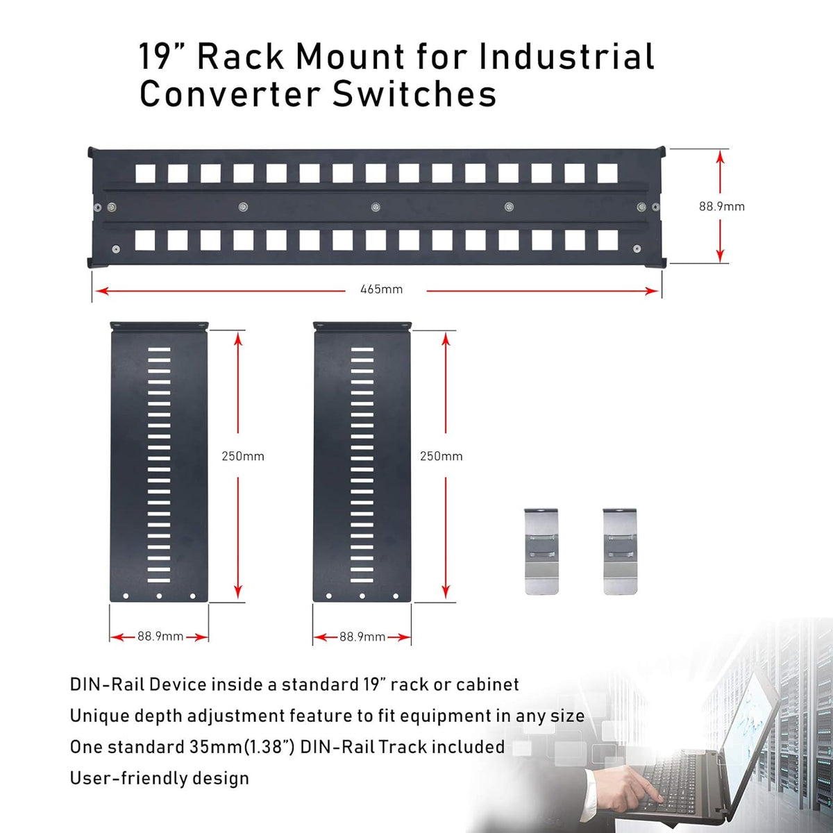 19 Inches Adjustable DIN-Rail Rack Mount Bracket 2U Black J810