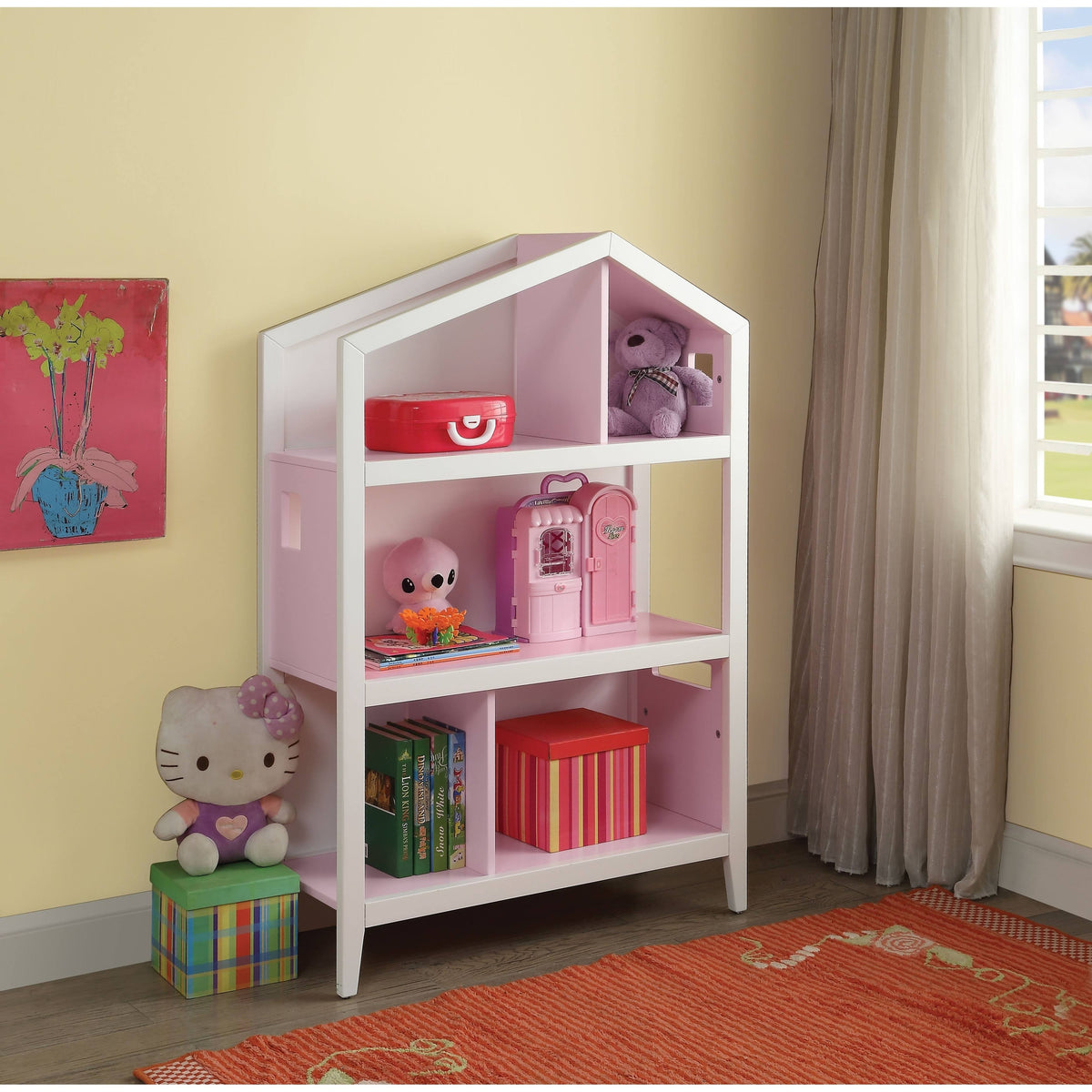 Pink and White Wooden Kids Bookcase with Five Open Shelves X5326