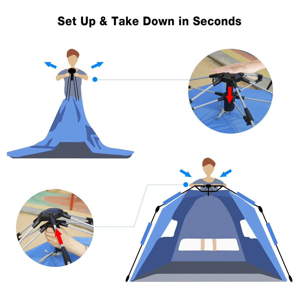 2-4 Person Pop-up Beach Tent UPF 50+ UV Protection Portable Waterproof Sunshade Blue C27507