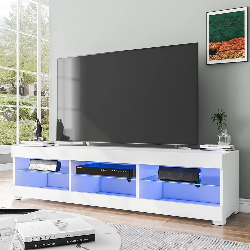 White TV Stand with LED Lights and Glass Shelf W1702