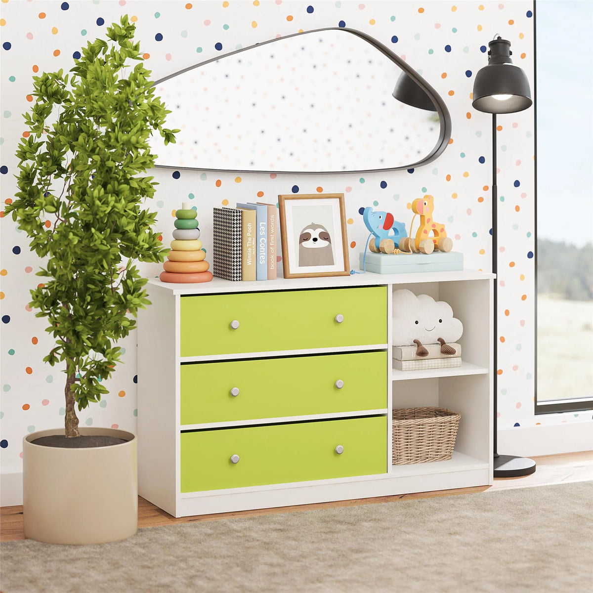White Wide Dresser with 3 Fabric Bins C73694