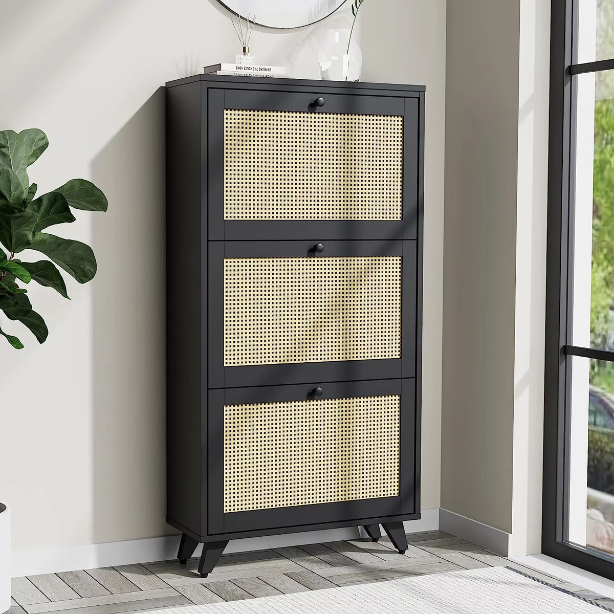 Black Rattan 3 Drawer Narrow Shoe Cabinet Y339540