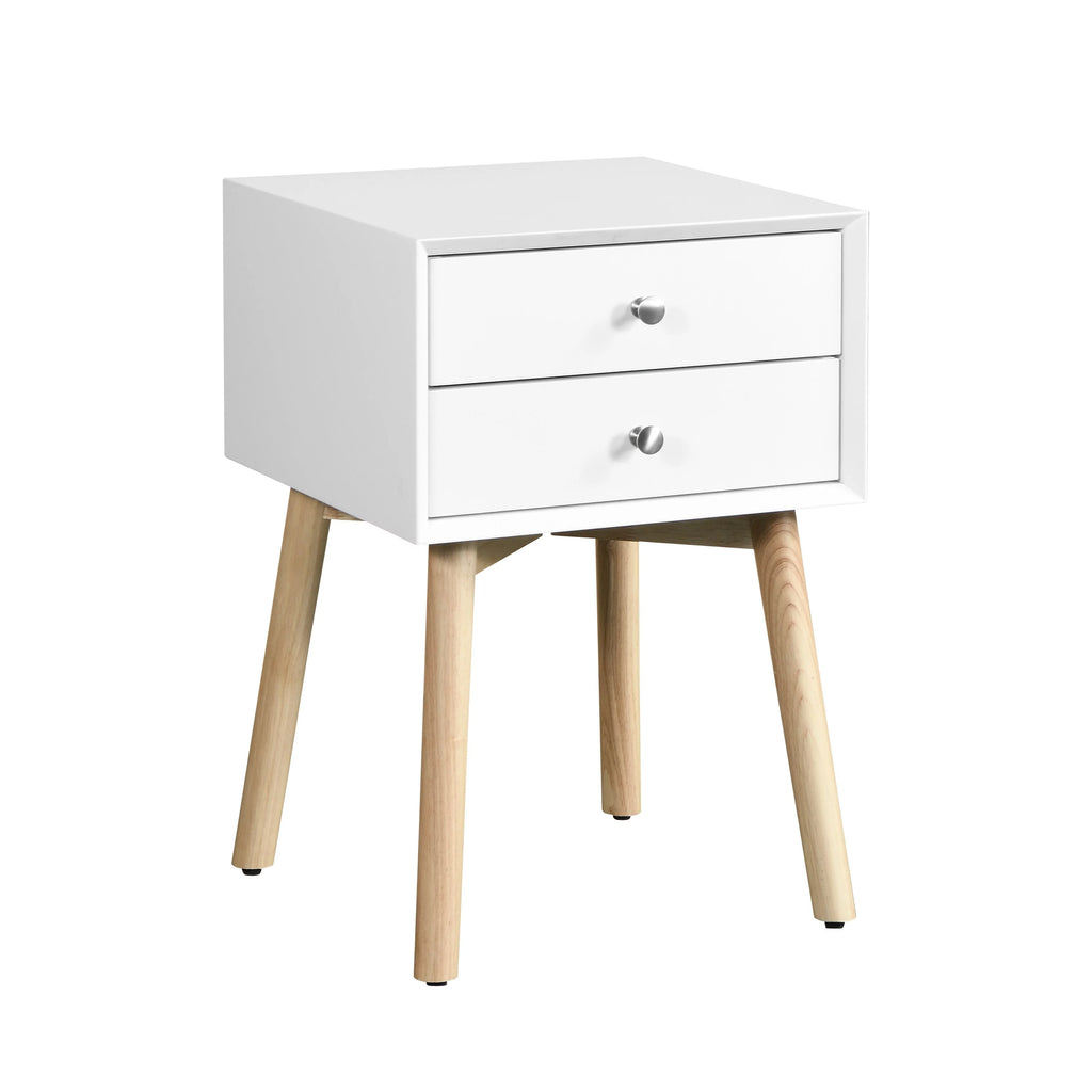 White Bedside Table with 2 Drawers and Rubber Wood Legs X594314