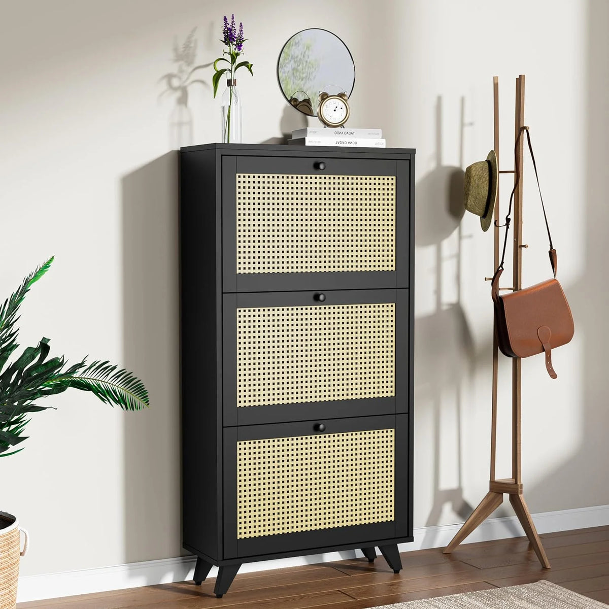 Black Rattan 3 Drawer Narrow Shoe Cabinet Y339540
