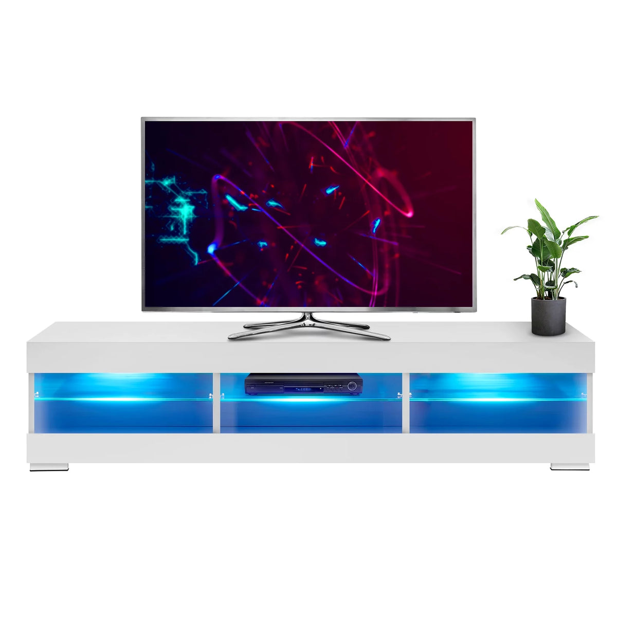 White TV Stand with LED Lights and Glass Shelf W1702