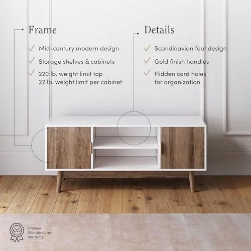 Media Console Cabinet or TV Stand with Doors in Natural Reclaimed Herringbone Wood Pattern and Metal D890667