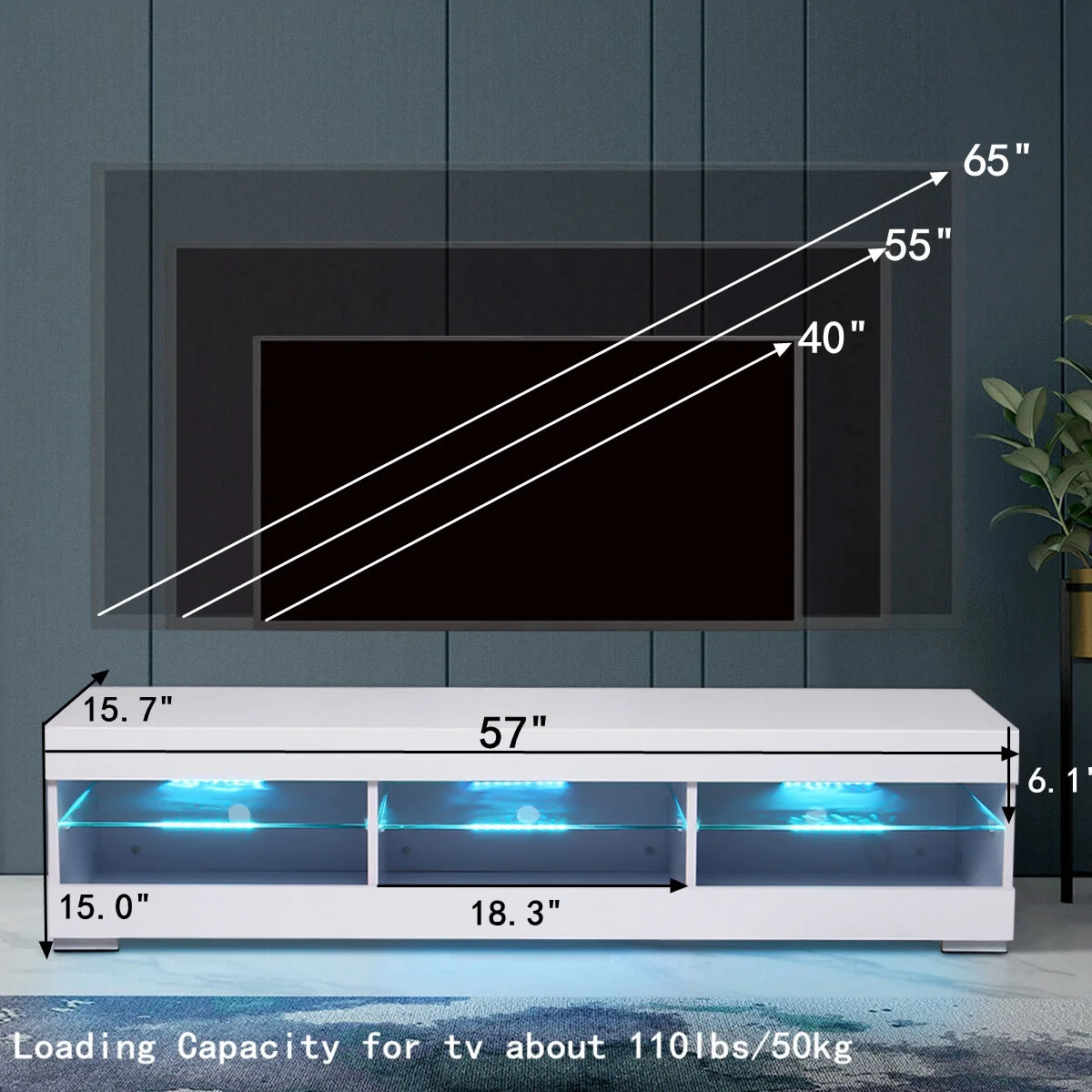 White TV Stand with LED Lights and Glass Shelf W1702
