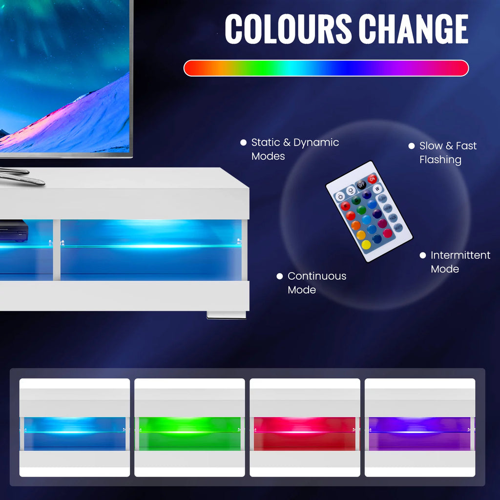 White TV Stand with LED Lights and Glass Shelf W1702