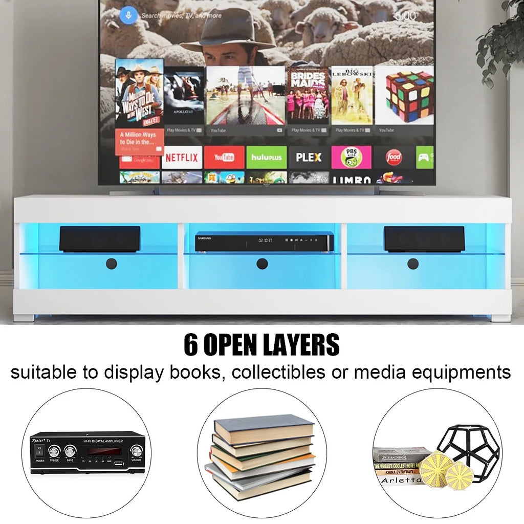 White TV Stand with LED Lights and Glass Shelf W1702