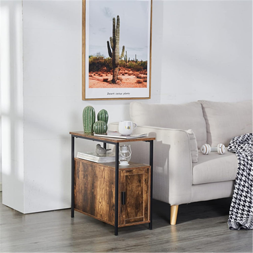 Rustic Brown Wooden End Table with Shelf and Storage Cabinet X99921