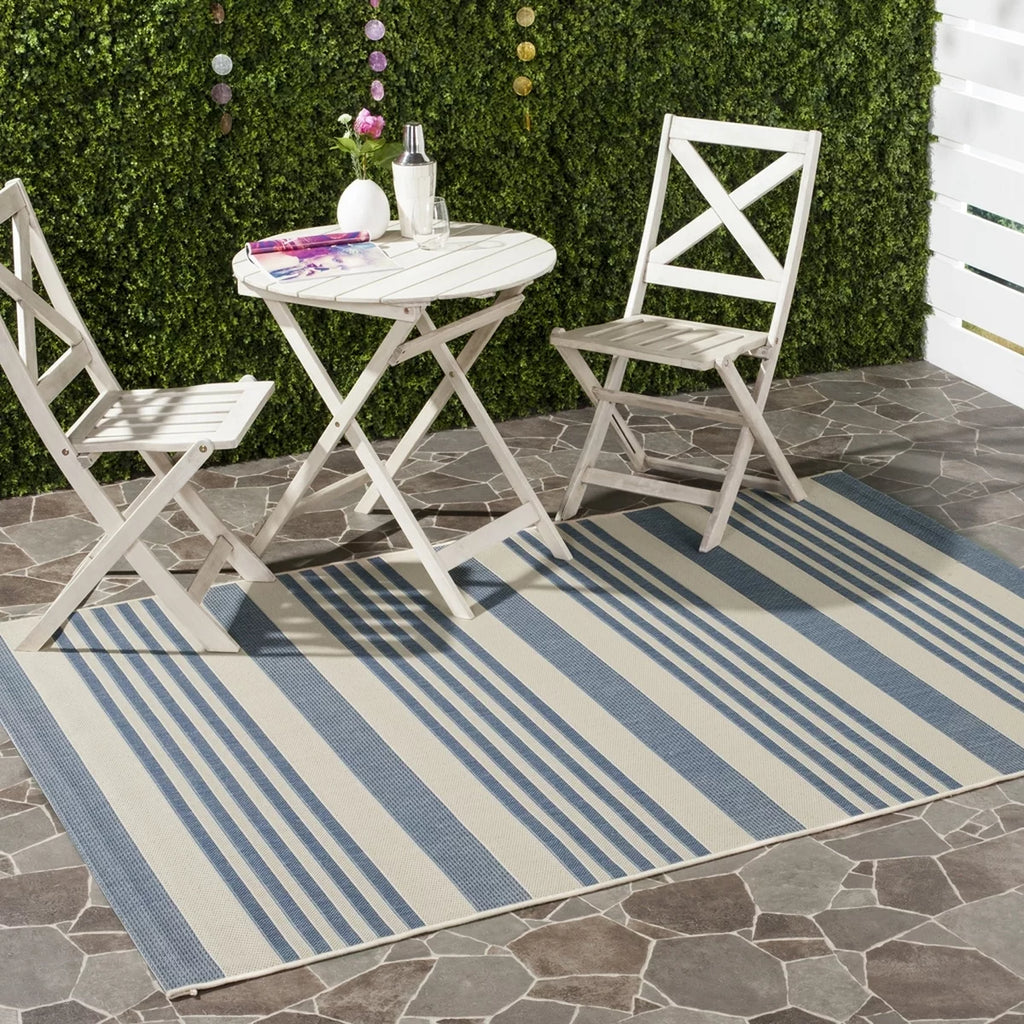 Beige Blue Striped Indoor Outdoor Area Rug 8' x 10' N796