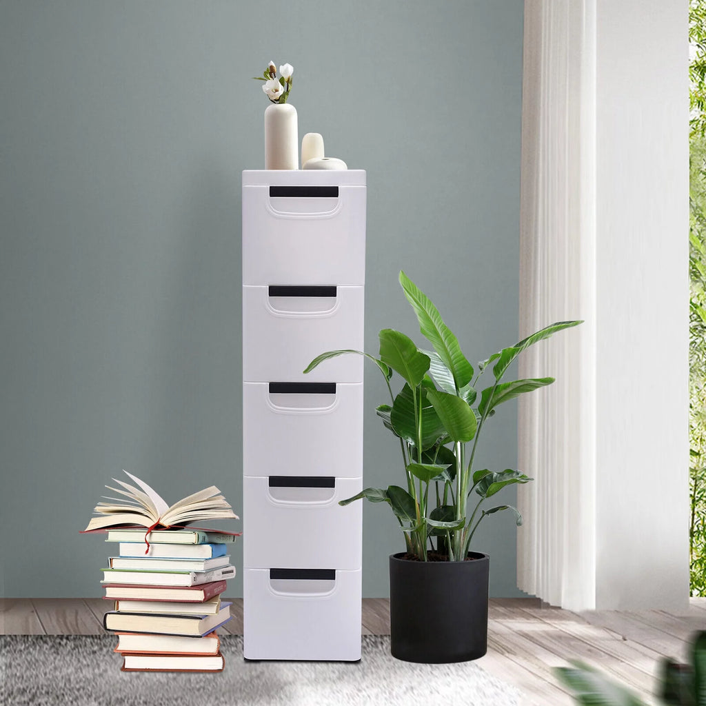 White Narrow Plastic 5 Drawers Dresser with Wheels Z393