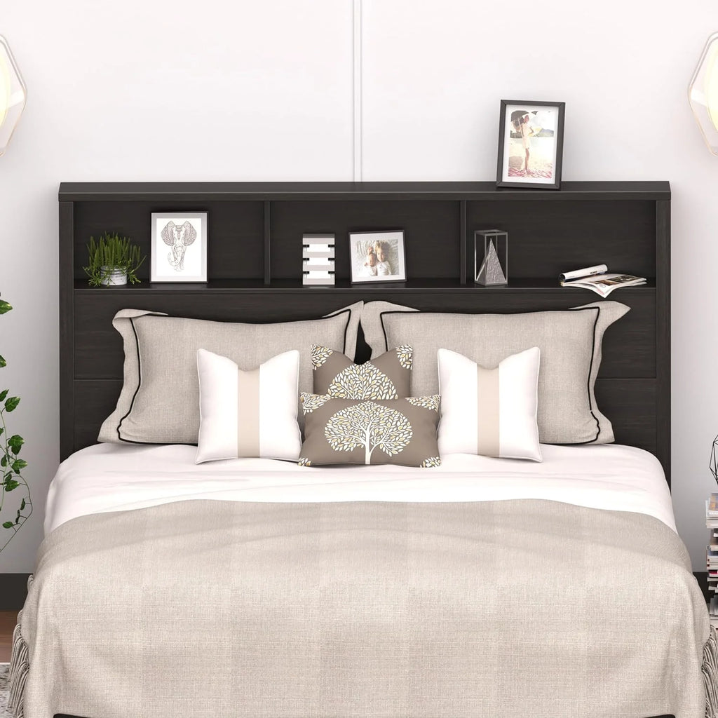 Double Queen Headboard with 3 Compartments Washed Black N4368
