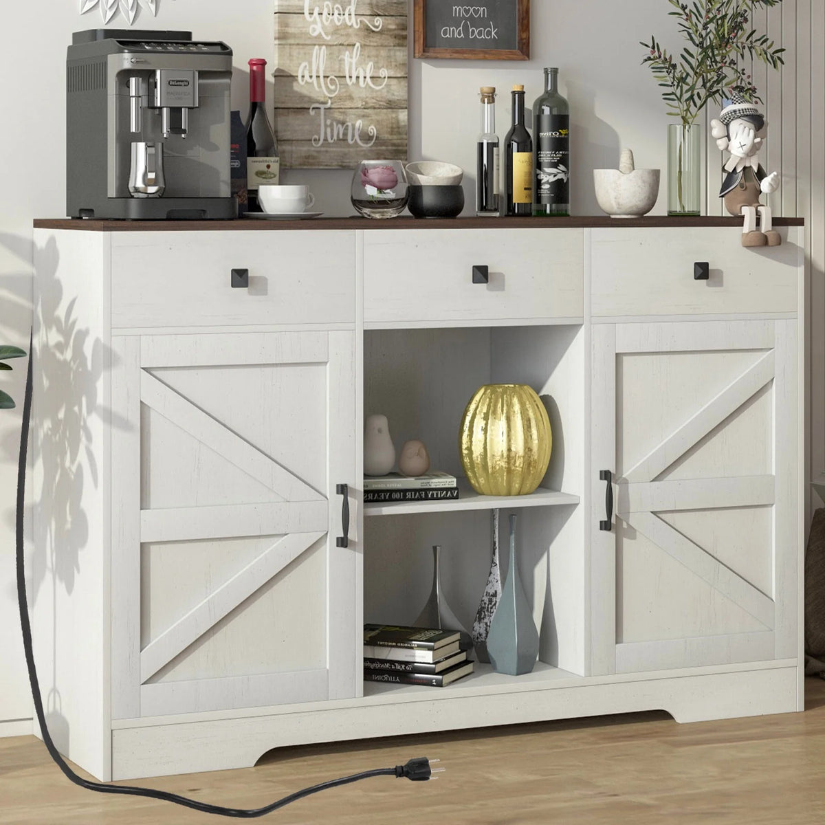 White 53" Wood Coffee Bar Cabinet with 3 Drawers L86742