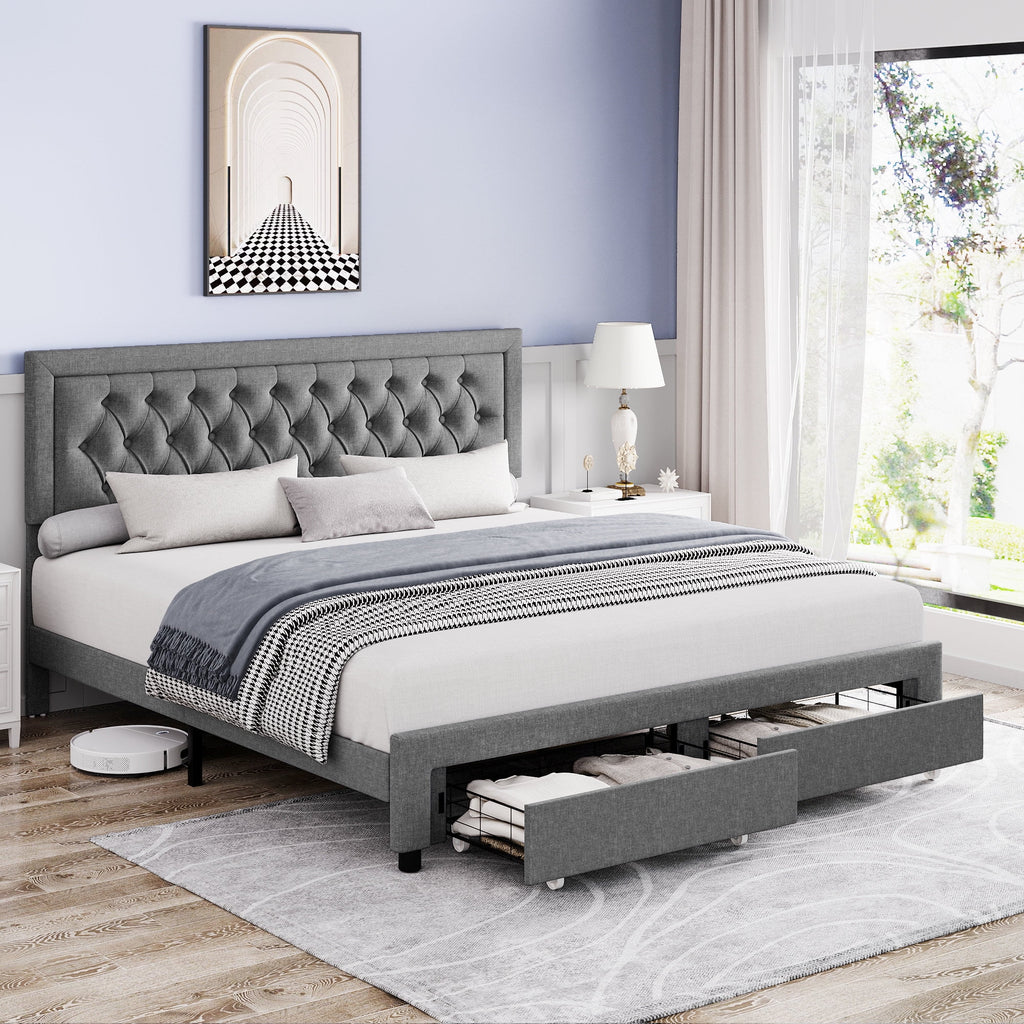 Queen Size 2 Drawers Black PU Leather Upholstered Platform Bed Z87804