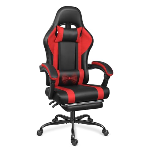 Black Red Gaming Chair with Footrest and Massage Lumbar Support V2961