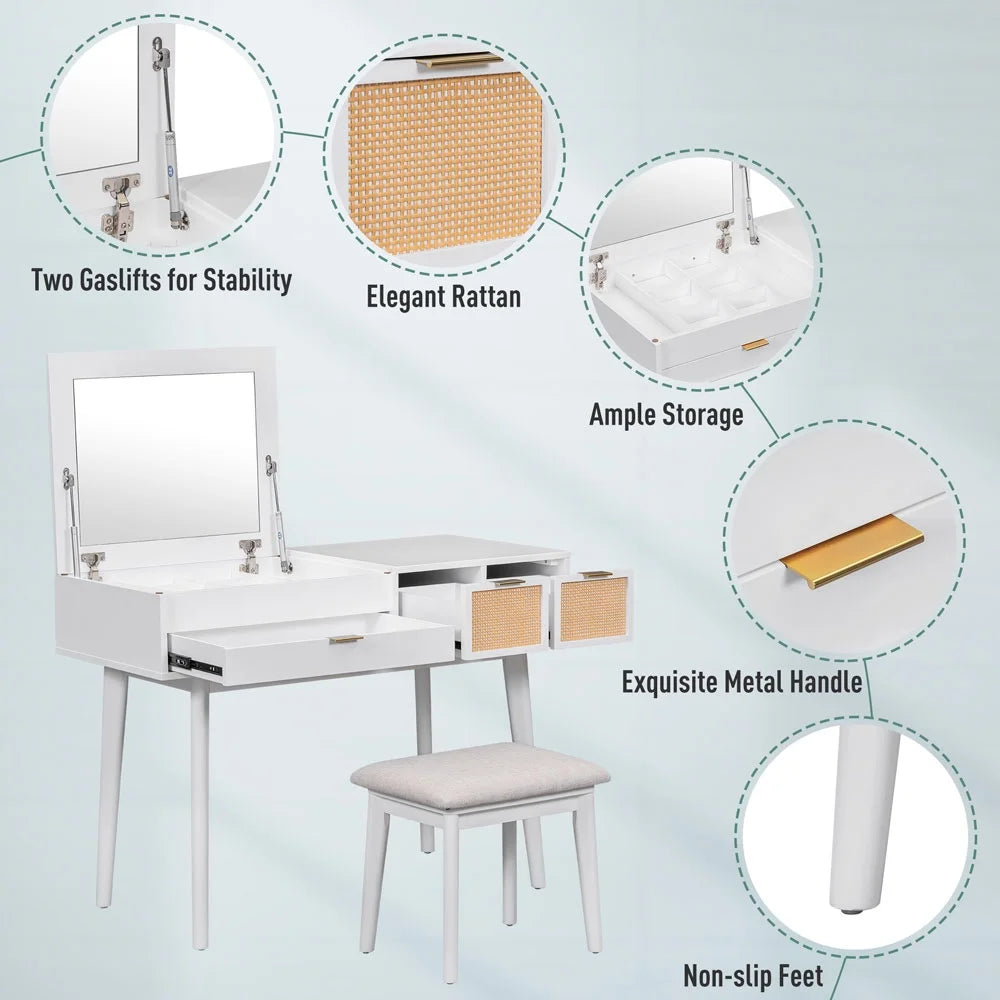 43.3" Wood Makeup Vanity Set with Flip-top Mirror and Stool Q5090