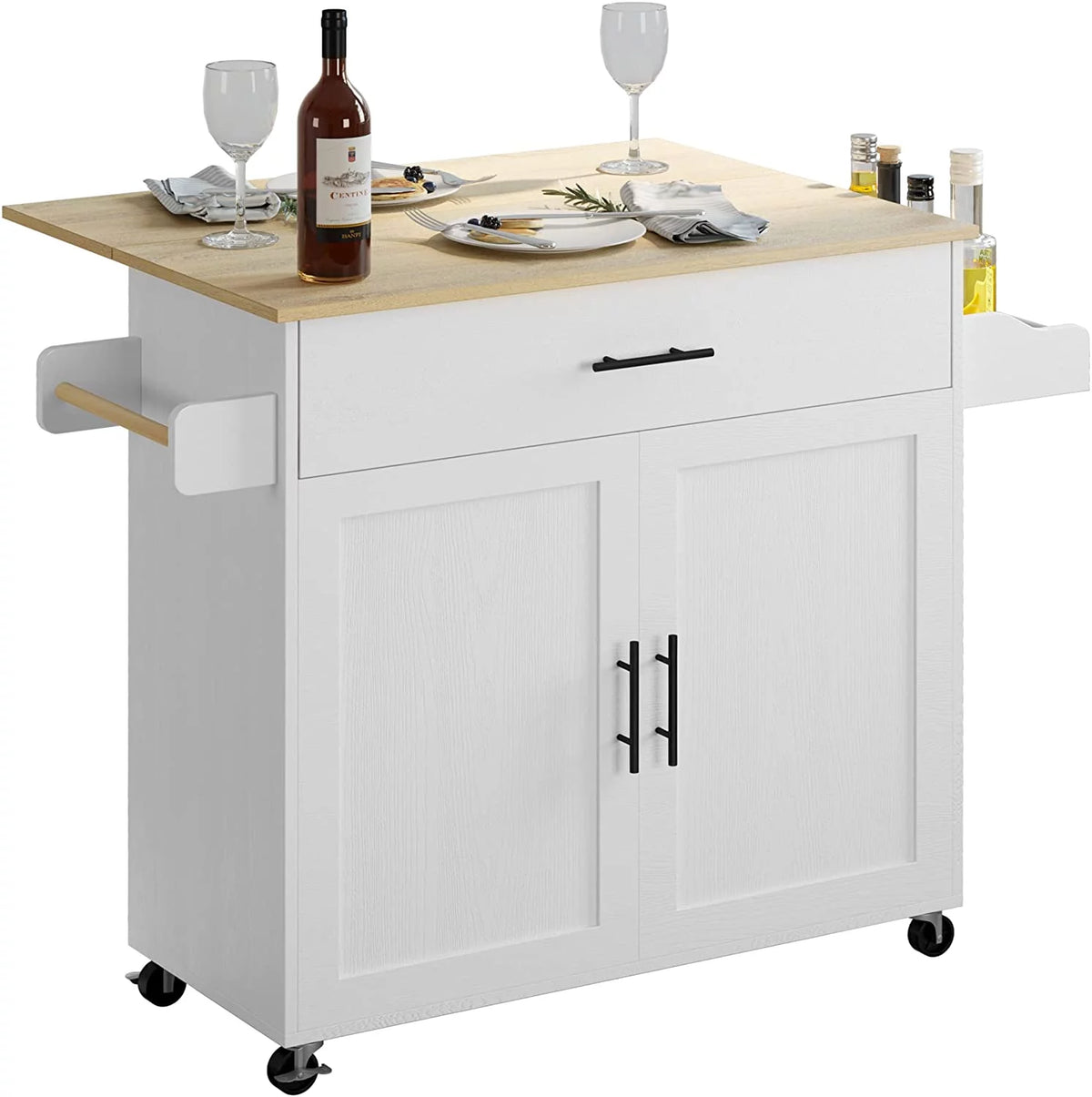 White Rolling Kitchen Island with Storage Cabinet W48928