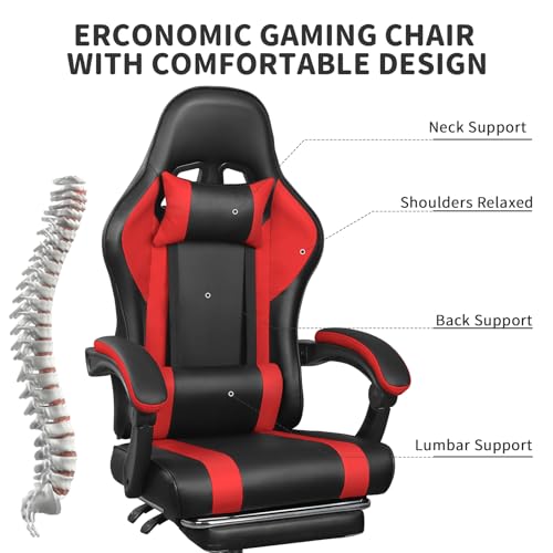 Black Red Gaming Chair with Footrest and Massage Lumbar Support V2961