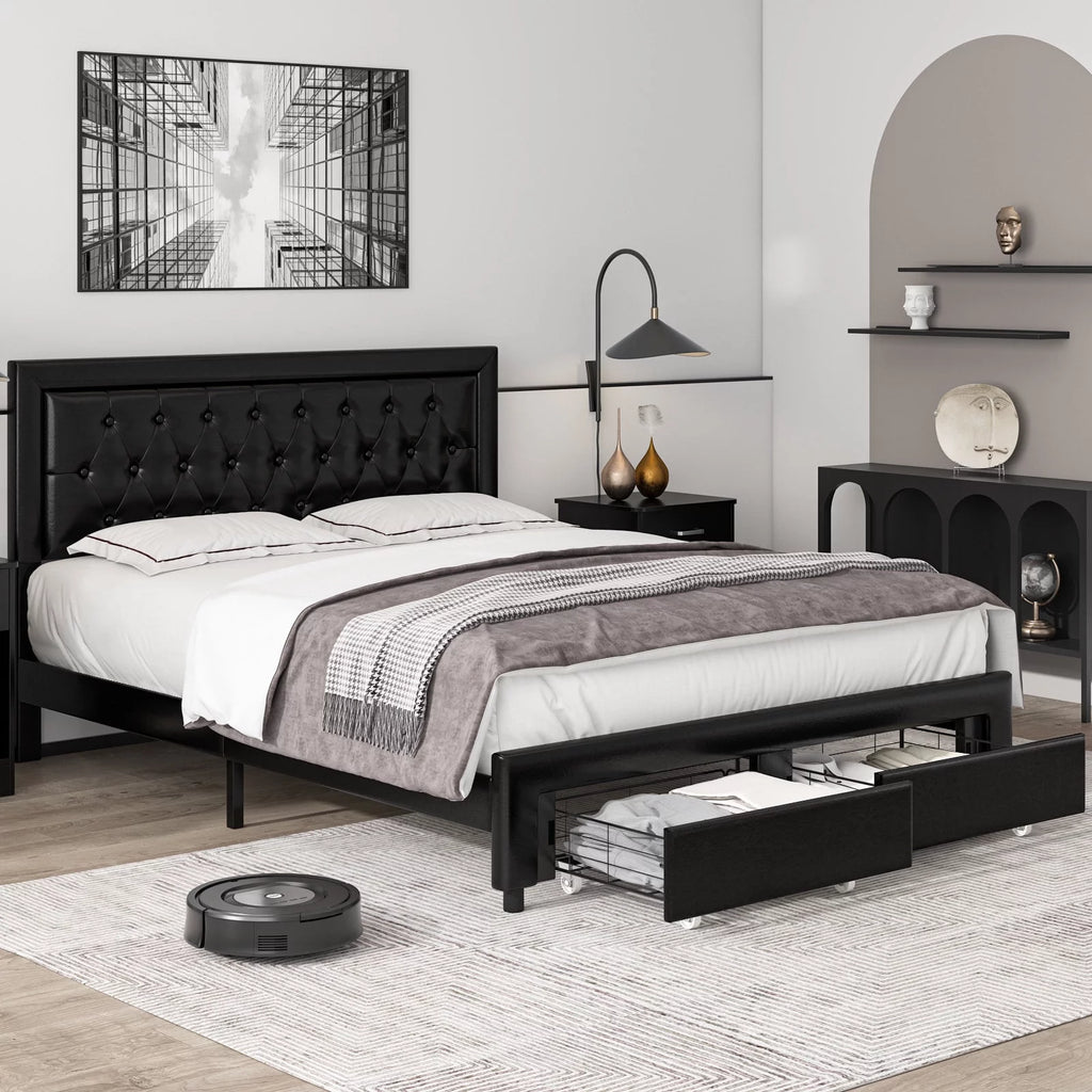 Queen Size 2 Drawers Black PU Leather Upholstered Platform Bed Z87804