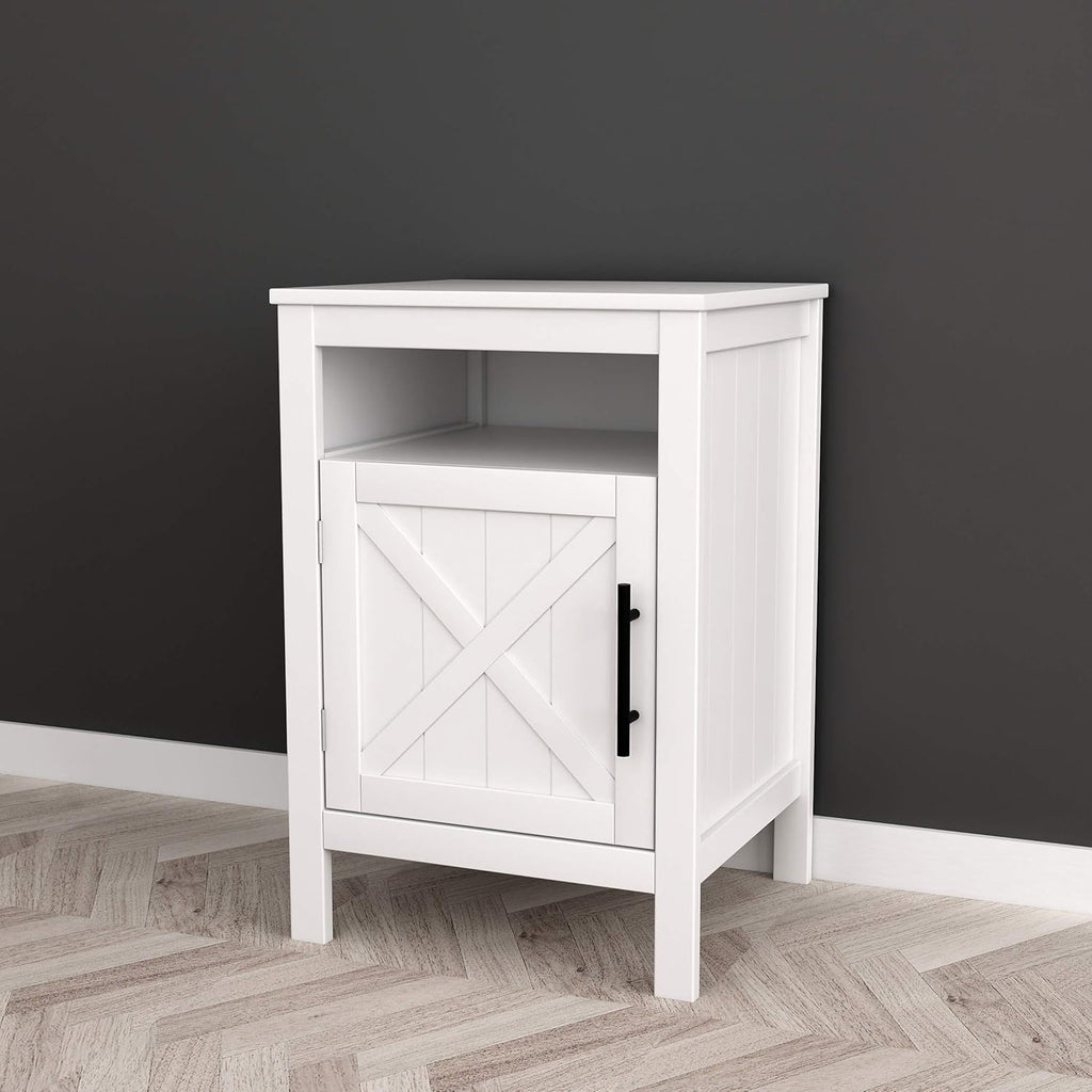 White Nightstand End Table with Door Cabinet and Open Shelf D6427