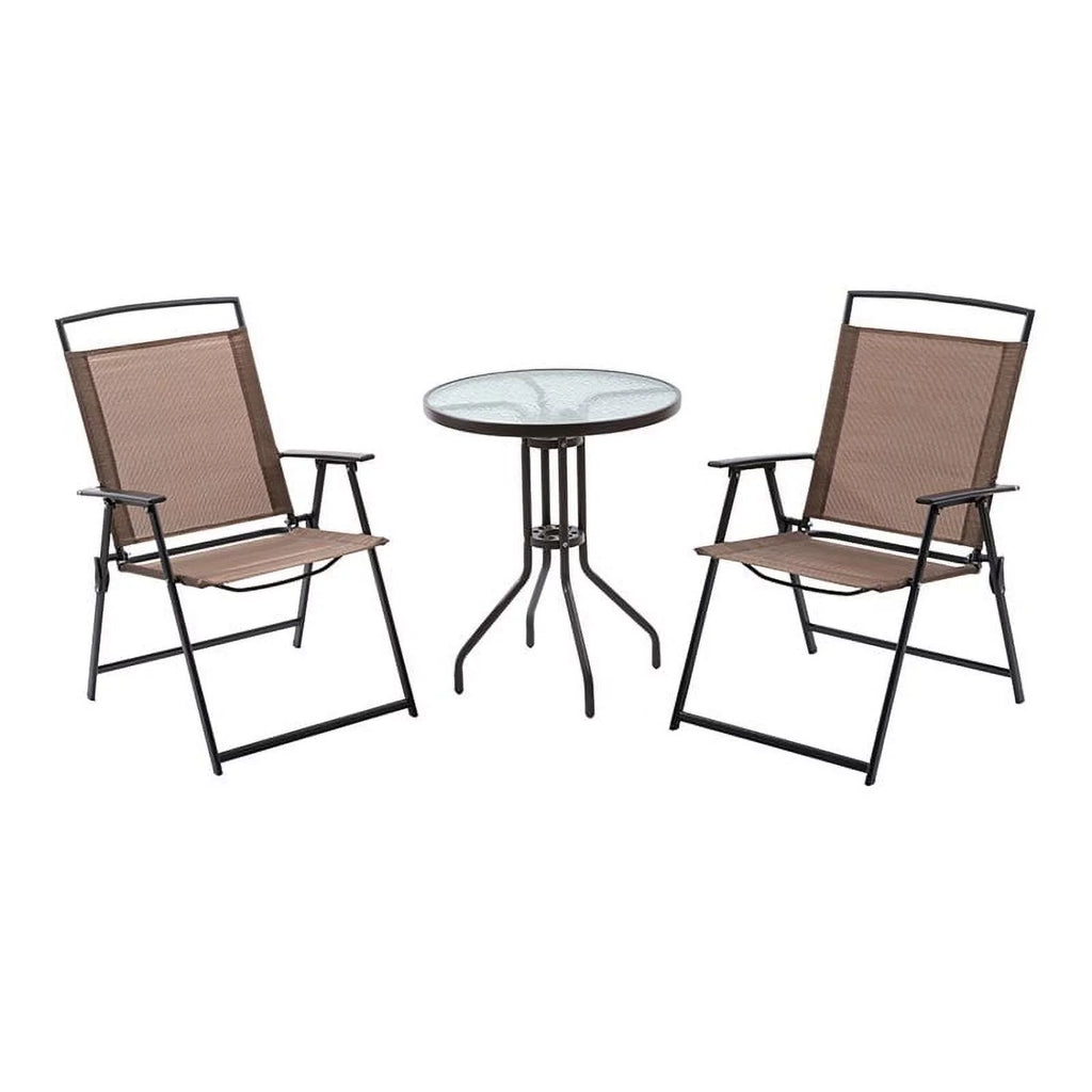 Metal Patio Bistro Table and Folding Chairs Set of 3 Brown P487