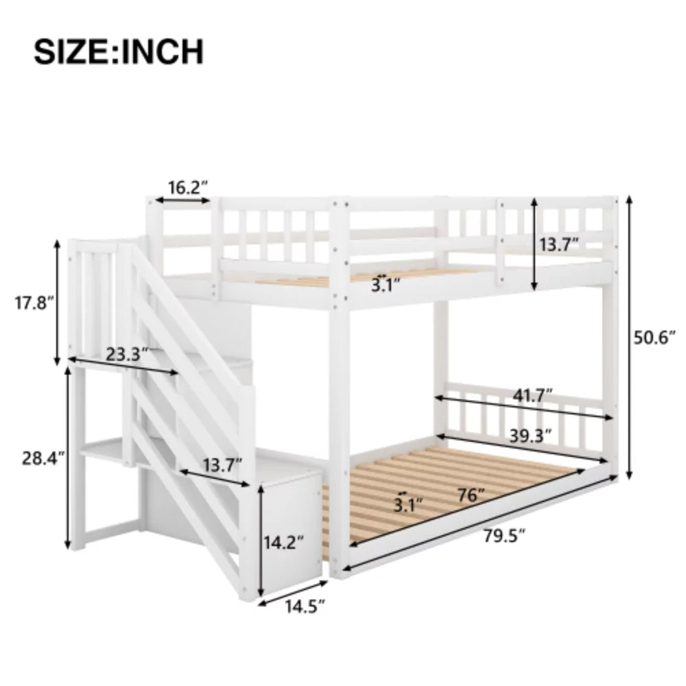 White Twin over Twin Floor Bunk Bed with Ladder Y362