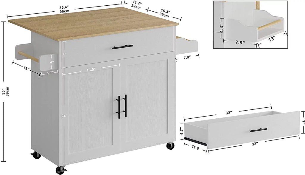 White Rolling Kitchen Island with Storage Cabinet W48928