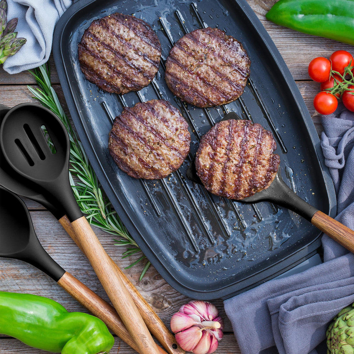 Black 5 pcs Nonstick Silicone Cooking Utensils Set C366097