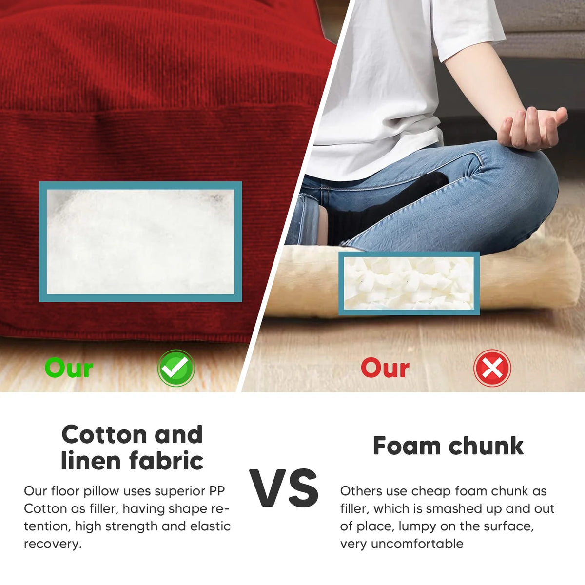 22 Inch Square Cotton Floor Pillow, 2Pcs Wine Red R53981