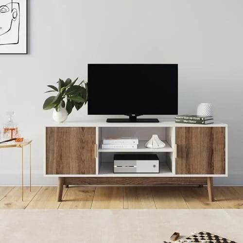 Media Console Cabinet or TV Stand with Doors in Natural Reclaimed Herringbone Wood Pattern and Metal D890667