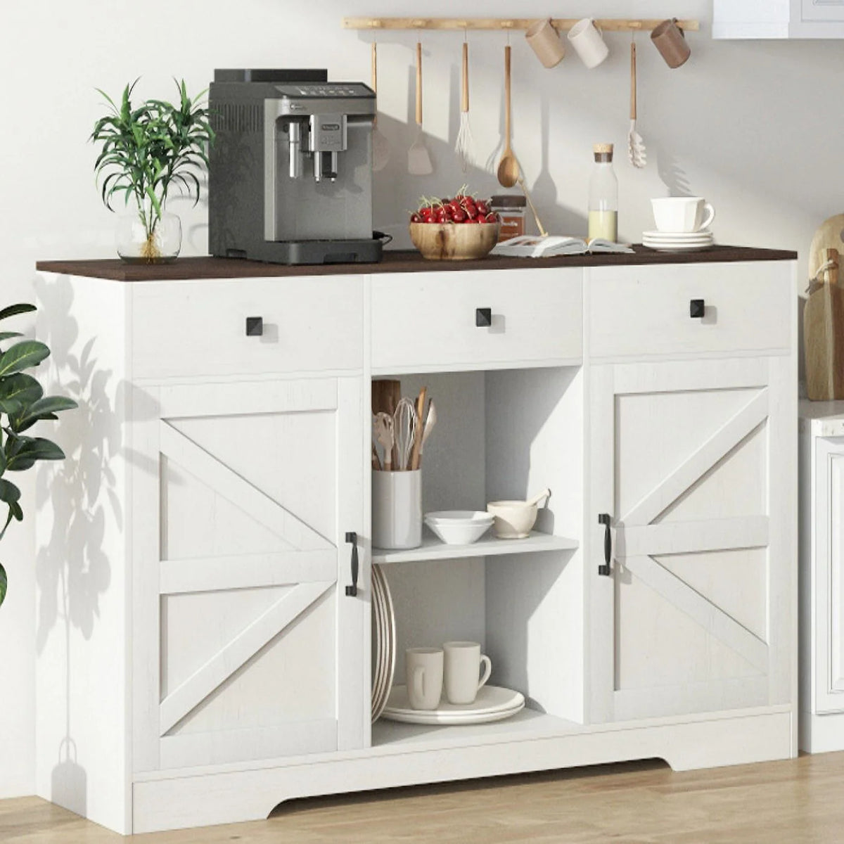 White 53" Wood Coffee Bar Cabinet with 3 Drawers L86742