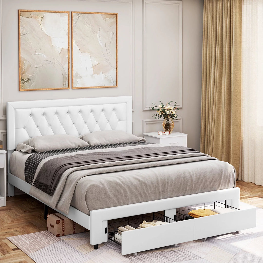 Queen Size 2 Drawers Black PU Leather Upholstered Platform Bed Z87804