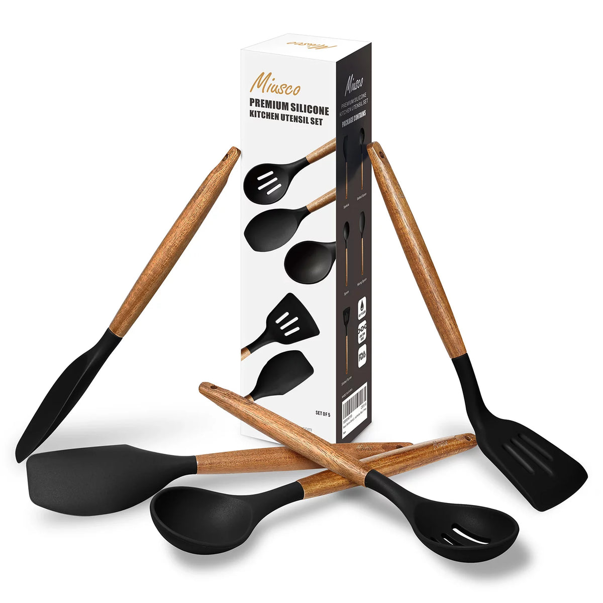 Black 5 pcs Nonstick Silicone Cooking Utensils Set C366097