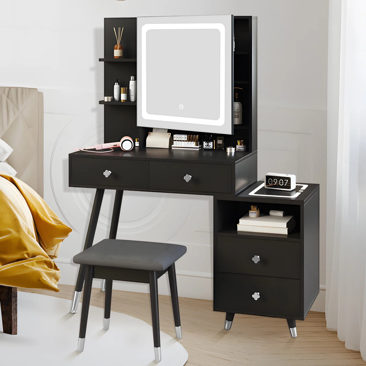 Black Dressing Table with Lighted Mirror, 4 Drawers and Stool W97092