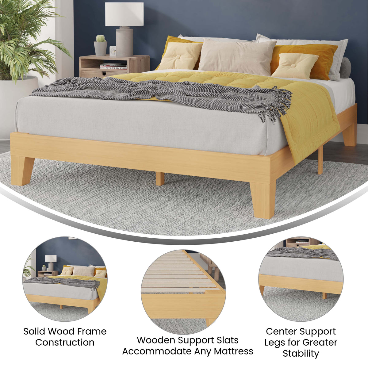Queen Size Wooden Platform Bed with Pine Finish J432567