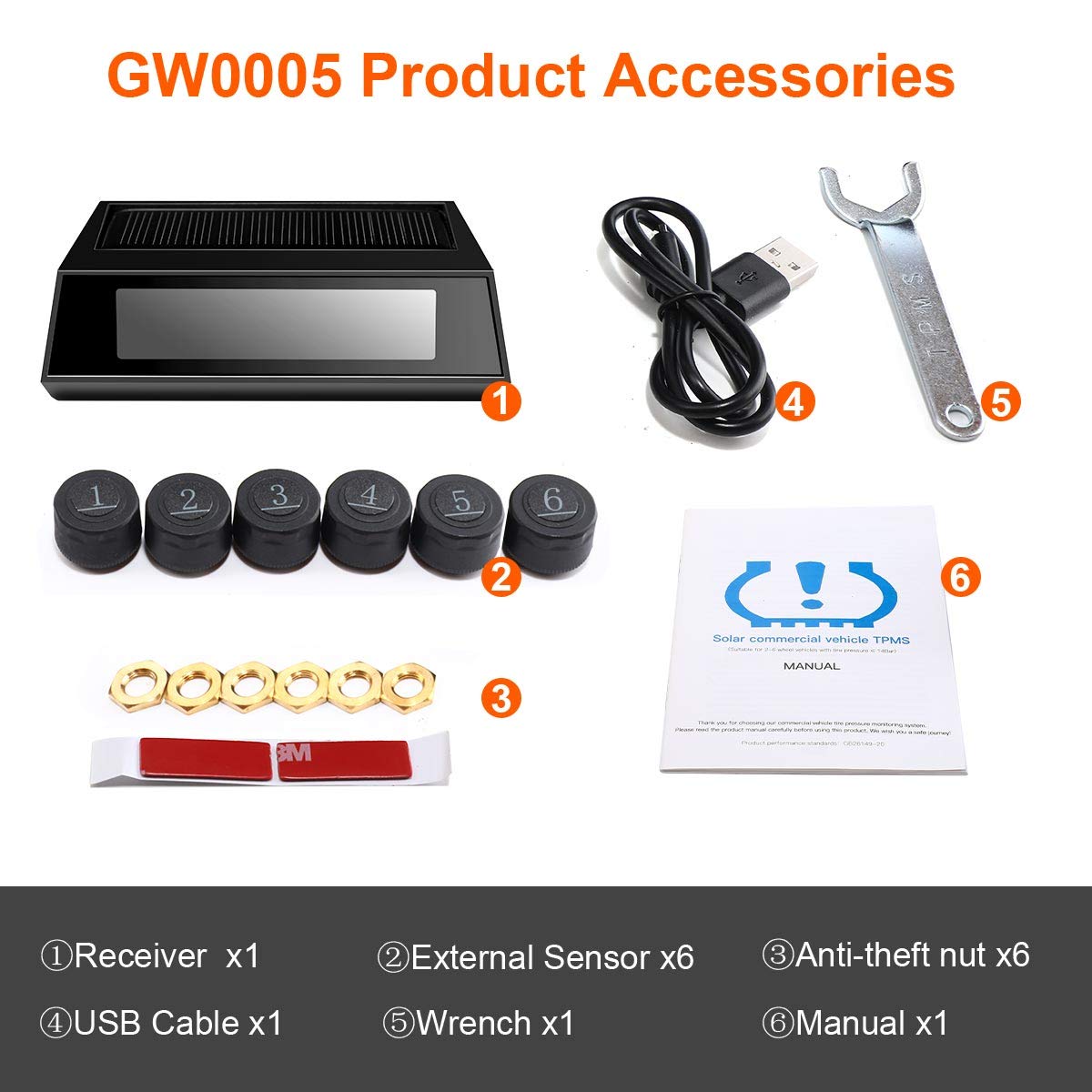 Tire Pressure Monitoring System with 6 Tire External Sensors H150600
